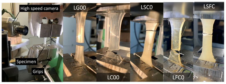 Tensile testing experiments showing the setup with high-speed camera monitoring and ruptured specimens for selected composites.
