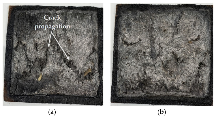 Outlook of the F1-coated biocomposites reinforced with (a) untreated and (b) alkali-treated hemp fibers after fire test.
