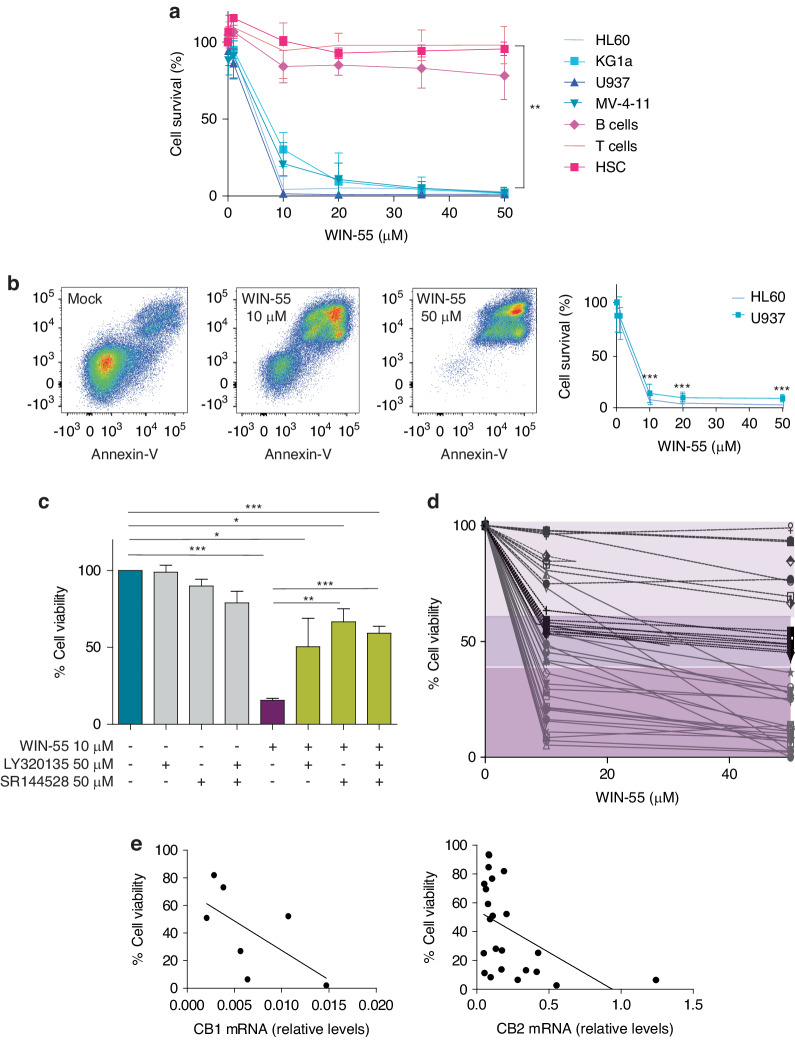 Human AML cell lines are sensitive to the cytotoxic effects of WIN-55 in vitro and CB2 receptor is involved in the process.a Effect of WIN-55 on AML cell lines and healthy primary cells. Cell viability and/or proliferation were assessed for the AML cell lines HL60, KG-1a, U937 and MV-4-11 and three populations of normal cells (HSC, T lymphocytes and B lymphocytes), previously isolated by AutoMACS, after 18 h of incubation with WIN-55 at different concentrations by using the Cell Counting Kit (CCK-8) assay. b Cell viability analysis of HL60 and U937 cell lines after 18 h incubation with vehicle or WIN-55 (10 µM or 50 µM doses) was assessed by 7AAD/Annexin V labelling using FACS analysis. c Effect of the CB1 (LY320135) and/or CB2 (SR144528) antagonists in HL60 cells viability assessed after 18 h of incubation with LY320135 or SR144528 alone or in combination with 10 µM WIN55 by using the CCK-8 assay. The data are mean ± SD for n = 4 replicates. Statistically significant differences were determined by Student’s t tests: *p < 0.05, **p ≤ 0.005 and ***p ≤ 0.0005. d Effect of WIN-55 ex vivo. Mononuclear cells from 40 AML patients were incubated for 18 h with 10 µM and 50 µM WIN-55 and cell viability was analysed by 7-AAD/Annexin V labelling using FACS analysis. The three different tones of colours mean three groups according to the WIN-55 sensitivity. e Correlation between the antileukemic effect of WIN-55 after 18 h incubation at 50 µM dose and the expression levels of CB1 and CB2 receptors. Cells from patient samples with BM infiltration >75% blasts were used either to assess the cell viability by 7AAD/Annexin V labelling using FACS analysis or to measure the expression levels of CB1 and CB2 receptors by quantitative PCR. The data are mean ± SD for n = 6 and n = 23 replicates respectively. Statistically correlations were determined by Spearman r analysis.