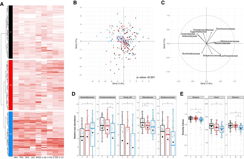 Fecal eCBome profiles cluster with gut microbiota diversity and composition. (A) Dendrogram and heatmap representation of Ward's (20) hierarchical agglomerative clustering of fecal eCBome mediators. Heatmap shows normalized fecal eCBome mediator levels of each s by individuals according to the clusters. Higher relative values are shown by a darker fill. (B) Graph of individuals of the multiple factor analysis (MFA) overlaid with the cluster of fecal eCBome mediator profile. The MFA model was computed using the relative abundance of all gut microbiota taxonomic levels. Ellipses represent the standard deviation from the mean center of each group of individuals. The permutational multivariate analysis of variance P value for the difference between cluster is included. (C) Loading plot of the MFA model highlighting the contribution of factors at the family taxonomic levels. (D) Boxplot of families and (E) diversity indexes (Shannon, Simpson, and Chao1) of the gut microbiota composition, according to the fecal eCBome mediator clusters. Boxplots include the median, lower/higher quartiles and 1.5x interquartile range whiskers. The means of the distribution is represented by a red dot (n = 70, n = 66 and n = 59 for clusters 1, 2, and 3 respectively). *Statistically significant differences between clusters (Pairwise Wilcoxon Rank tests with Holm correction, P < .05, n = 195).