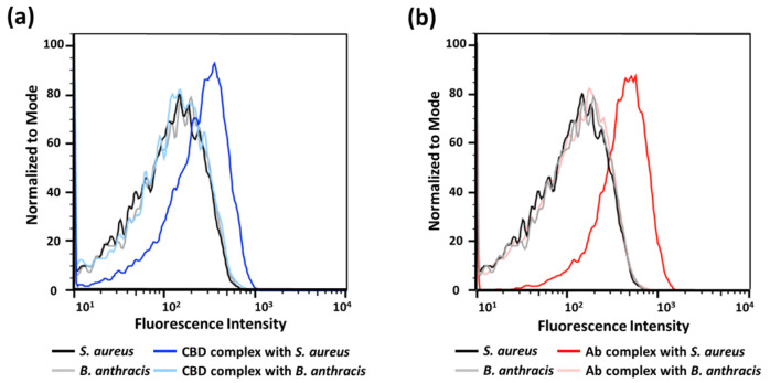 Flow cytometry analysis for (a) CBD-p(OEOMA500-RDMA (4)) complex and (b) antibody-p(OEOMA500-RDMA (4)) complex at the surface of bacteria.