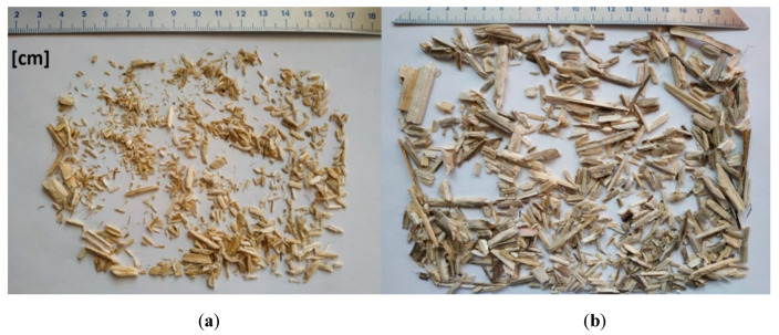 Hemp shives used in the investigation: fine shives (a) and thick shives (b).