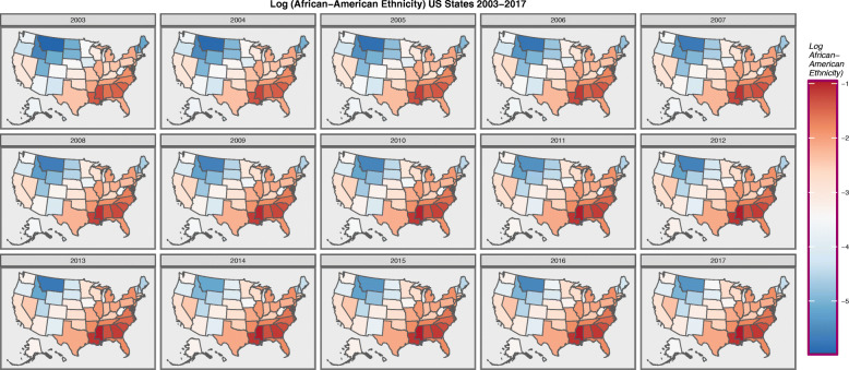 Choropleth map of log(African-American Population) across USA by Year. Maps were drawn in ggplot2, sf and RColorBrewer