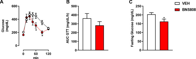 Peripheral CB1R blocker, BNS808, affects glucose hemostasis. BNS808 (1 mg/kg/day for 24 days) showed a trend in reducing glucose intolerance (A, B) and decreased fasting blood glucose levels (C). Data represent the mean ± SEM from 6 mice per group. *P < 0.05 vs vehicle-treated control.