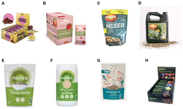 Food products derived from hemp seeds and hemp seed oil. (A) Hunger & craving control: vegan protein bar ® (Allive®) (B), Slimming protein smoothie: cream strawberry® (Allive®), (C) superfood Mixer® (Allive®), (D) Superfood Hemp seed oil 4L® (Allive®), (E) Organic shelled hemp seeds ® (Nutiva®), (F) Organic hemp protein powder ® (Nutiva®), (G) Roasted Hemp Seeds with Sea Salt ® (Manitoba Harvest ®), (H) Organic Hemp Up Energy Seed Mixed Bars 12 pieces: Sour Cherry, Mulberry, Cacao, Vanilla, Fig, Cranberry and Barberry ® (Canah®).