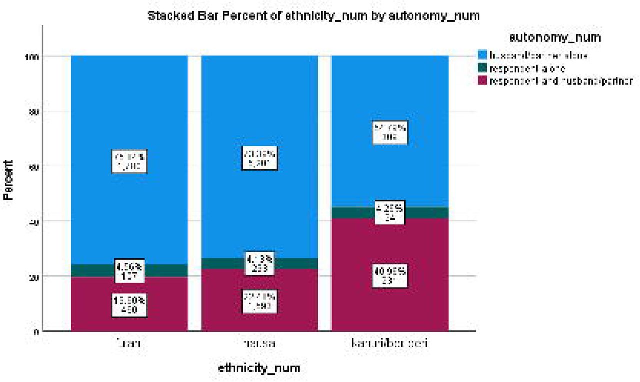 Stacked bar chart showing healthcare decision-making autonomy by ethnic group. There are two significant things that Figure 1 unveils at once. To begin with, male-dominated healthcare decision-making is a common fact among all three ethnicities - none of the groups can get away with it. Second, ethnic difference is significant, especially among the Kanuri/Beriberi women, who seem to be more collaborative when making healthcare decisions than Fulani and Hausa women. This ethnic difference is worth considering. The pattern of the Kanuri/Beriberi group may be representative of cultural norms of spousal consultation, varying household structures, or gender attitudes on a community level that do not conform to Fulan and Hausa cultures. It is interesting to add, though, that the Kanuri/Beriberi sample is much smaller (n = 564) than Hausa (n = 7,087), therefore, the result should be viewed with at least some caution.