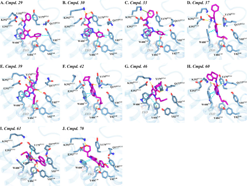 Key interactions between the CB2R agonists docked within the M1R allosteric binding pocket. Key interacting residues for (A) Compound 29, (B) Compound 30, (C) Compound 33, (D) Compound 37, (E) Compound 39, (F) Compound 42, (G) Compound 46, (H) Compound 60, (I) Compound 61, and (J) Compound 70, all docked into the allosteric site of M1R in the presence of the orthosteric agonist Iperoxo (IXO) (PDB ID: 6OIJ). Color coding is consistent with Figure