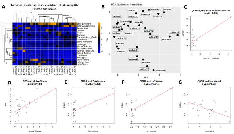 Clustering and correlation analysis. (A)—clustering of cultivars according to their terpene concentrations. (B)—PCA analysis according to the terpene concentration. Correlation analysis indicating correlation between the concentration of gamma-terpinene and anti-cancer activity (C), between CBD and alpha-pinene levels (D), CBGA and terpinolene (E), CBGA and p-cymene (F) and CBGA and isopulegol (G). Open circles indicate individual extracts.