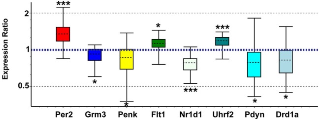 Quantitative real-time PCR confirmation of expression changes for genes of interest in maternal NAC compared to virgin. Relative expression distribution (Y-axis) represented as a ratio of postpartum vs. virgin (n = 10 per group) normalized against two references genes, Ppia and Ywhaz, and shown by box-and-whisker plots as medians (black dashed lines), interquartile ranges (boxes), and ranges (whiskers). Ratios over 1 indicate genes that are more highly expressed in postpartum NAC than in virgin, while ratios less than 1 indicate genes with lower expression in postpartum females. *p < 0.05; ***p < 0.001.