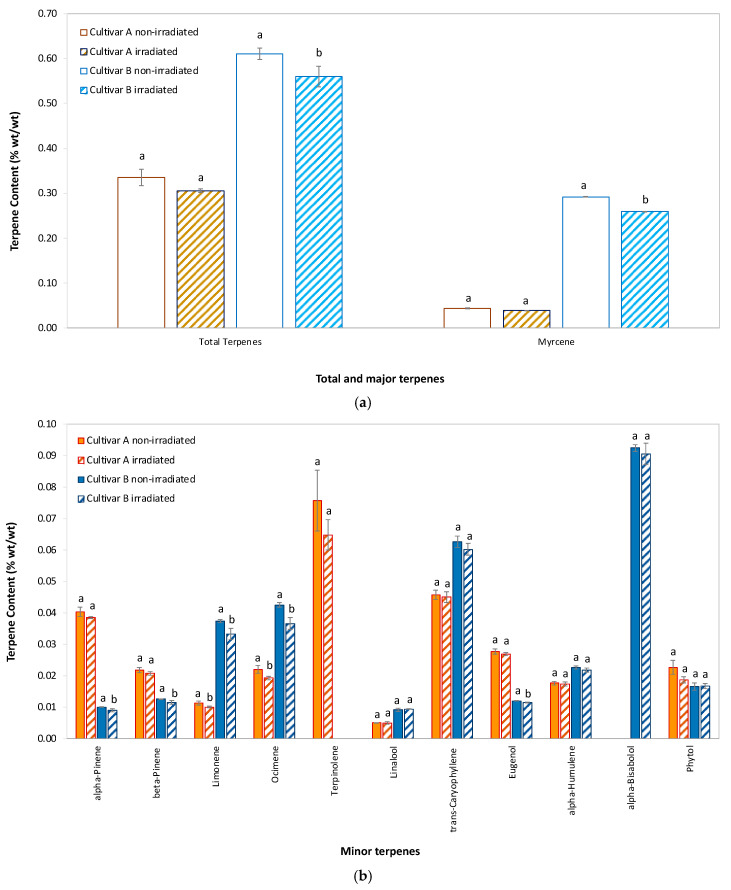 Mean ± SD of total and individual terpene content in hemp flowers of cultivar A and cultivar B. Comparison of (a) total and major terpenes (>0.1% wt/wt) and (b) minor terpenes (0.01–0.1% wt/wt) after EB irradiation versus non-irradiated controls at W0. For each terpene, identical lowercase letters above paired bars indicate no statistically significant difference between EB-irradiated and control samples (p > 0.05) (n = 3 biological replicates). Statistical analysis: One-way ANOVA (Welch’s test) followed by post hoc testing with Tukey’s HSD (for equal variances) to maximize sensitivity or Games-Howell (for unequal variances), based on Levene’s test results. Note: alpha-bisabolol in Cultivar A and terpinolene in Cultivar B were below LOQ (0.01% wt/wt), resp., thus are not displayed.