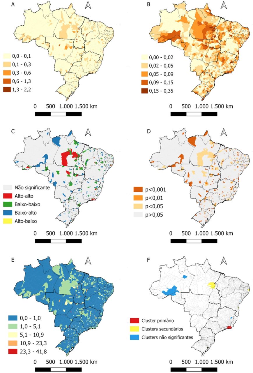 Spatial pattern of deaths from congenital syphilis in Brazil from 2008 to 2022.