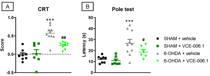 Response in the cylinder rearing test (A) and in the pole test (B) of male mice subjected to unilateral 6-OHDA lesions or sham-operated and daily treated with VCE-006.1 (20 mg/kg, i.p.) for 2 weeks. Values are means ± SEM of more than 6 animals per group. Data were assessed by one-way ANOVA followed by the Tukey test (*** p < 0.005 vs. the two sham-operated groups; # p < 0.05, ## p < 0.01 vs. the vehicle-treated 6-OHDA lesioned mice).