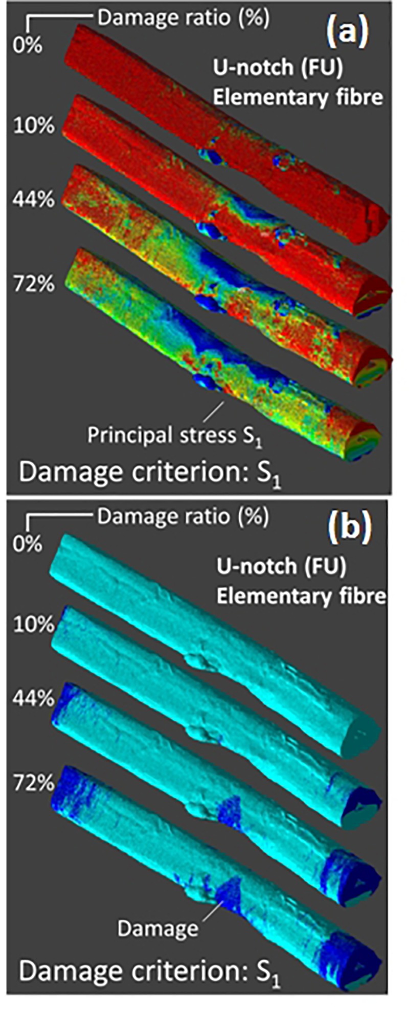 Finite element computation results showing the (a) principal stress distribution and (b) damage evolutions for the damage criterion S1 under tensile loading by 8% of an elementary hemp fiber with a U-notch (FU). Computations are performed with up to 36.37 × 106 dof.