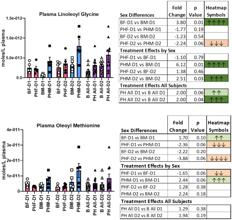 Bar graphs compare plasma levels of linoleoyl glycine and oleoyl methionine across different experimental groups, with data presented as mean ± standard deviation. Adjacent tables summarize statistical comparisons, including sex differences, treatment effects by sex, treatment effects for all subjects, fold change values, p-values, and corresponding heatmap symbols indicating direction and significance. Both graphs use similar group labels on the x-axis and molar concentration on the y-axis.