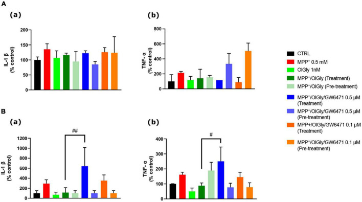 Effect of MPP+ on (a) Interleukin-1β (IL-1β) and (b) tumor necrosis factor-α (TNF-α) protein expression levels in (A) not differentiated and (B) differentiated SH-SY5Y cells measured by ELISA. Histograms represent the percentage, with respect to control cells (CTRL, 100%), of viable cells after the exposure to MPP+ (0.5 mM), OlGly (1 nM), and GW 6471 (0.5 and 0.1 μM) in both simultaneous treatment and pre-treatment experiments. Data are represented as mean ± SEM. *Indicates values statistically significant vs. MPP+. Student’s t-test has been used for statistical analysis (N = 6). ##Indicates values statistically significant with p < 0.01; #Indicates values statistically significant with p < 0.05.