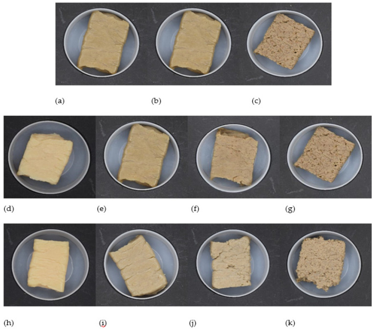 Images of extruded meat analogues with different formulations: (a–c) 20%, 40%, 60% HPC at 65% target moisture; (d–g) 0%, 20%, 40%, 60% HPC at 70% target moisture; (h–k) 0%, 20%, 40%, 60% HPC at 75% target moisture.