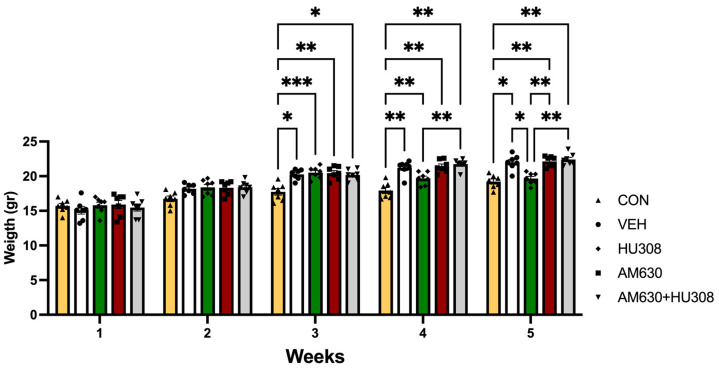 Body weight. Bar graph shows the bar plot of body weight per week. Data express the mean ± SEM (n = 7/group). * p < 0.05, ** p < 0.01, *** p < 0.001.