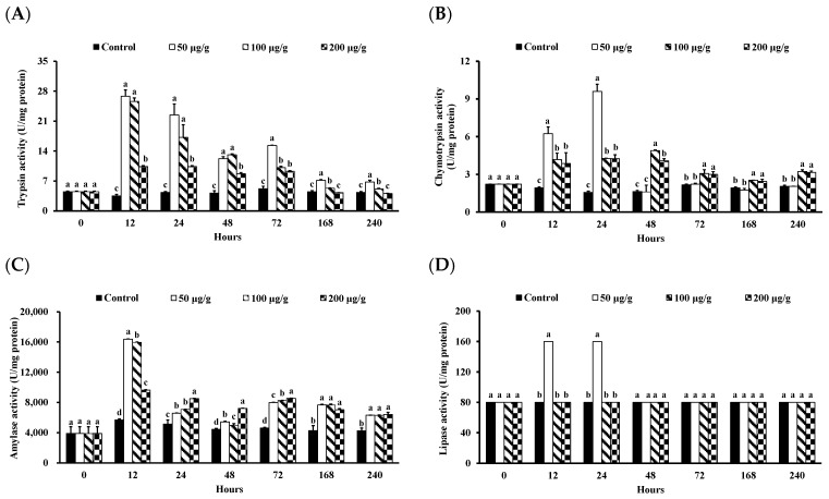 Trypsin (A), chymotrypsin (B), amylase (C), and Lipase (D) activity of Litopenaeus vannamei that received the water extract of Panax notoginseng at 50, 100, and 200 µg (g shrimp)−1 and control shrimp. Data are expressed as mean ± SD (n = 8). Different superscript letters indicate that the same exposure time significantly differs (p < 0.05) among groups (Duncan’s multiple range tests).