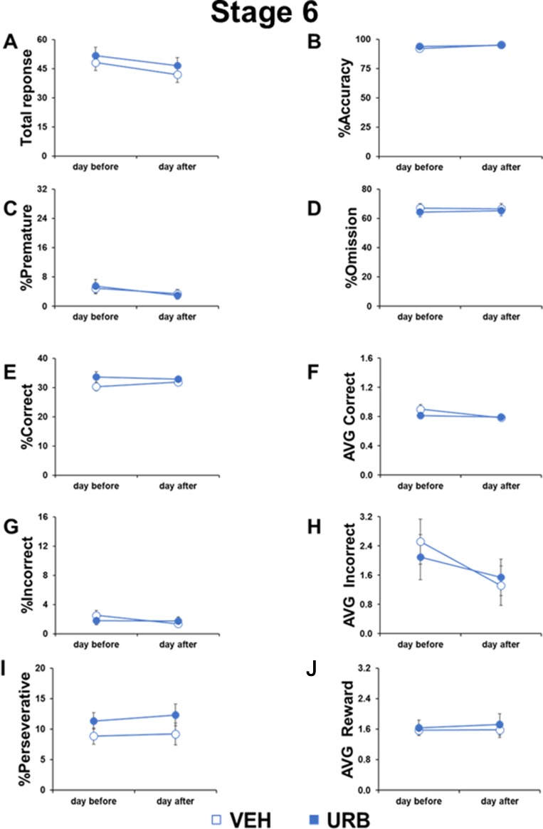 No permanent or residual effects of URB597 in adolescent mice cognitive responses. Different parameters measured during the 5-CSRTT in adolescent male mice treated with vehicle (n=11) or URB597 (n=11), 1 day before and 1 day after the Distractor test. (A) Number of total responses; (B) percentage of accuracy; (C) percentage of premature responses; (D) percentage of omitted responses; (E) percentage of corrct responses; (F) latency (in seconds) to correct response; (G) percentage of incorrect responses; (H) average to an incorrect response. (I) percentage of perseverative responses; (J) average to collect reward.
