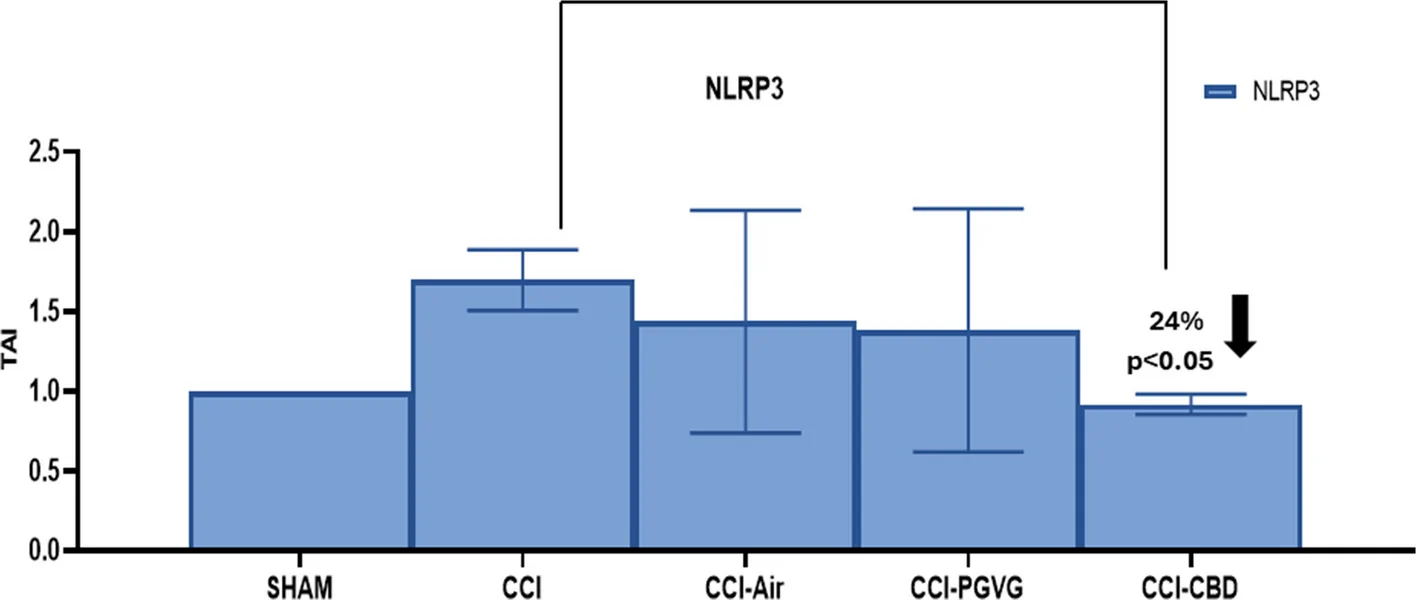 NLRP3 inflammasome expression levels in lung tissue from all rat groups. A 68% increase (**p < 0.01) was observed in the CCI group compared to SHAM controls, while PGVG exposure caused a 44% increase (*p < 0.05). CBD vapor exposure in CCI rats resulted in a decrease in NLRP3 expression (24% reduction, p = 0.057), indicating potential anti-inflammatory effects of CBD vapor