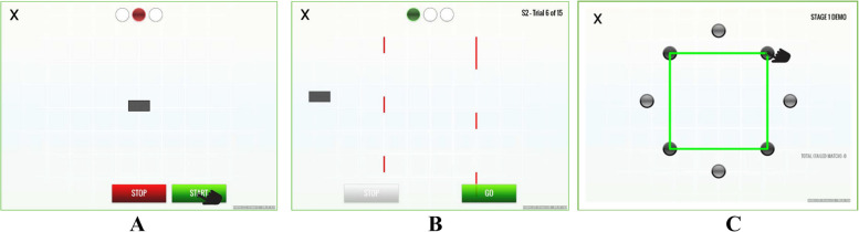 Screen from task demonstration developed by Impirica: A simple reaction time, B gap acceptance, and C memory