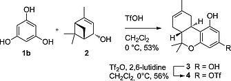 Synthesis of Δ8‐THC‐triflate (4) using phloroglucinol (1b) and subsequent regioselective triflation.