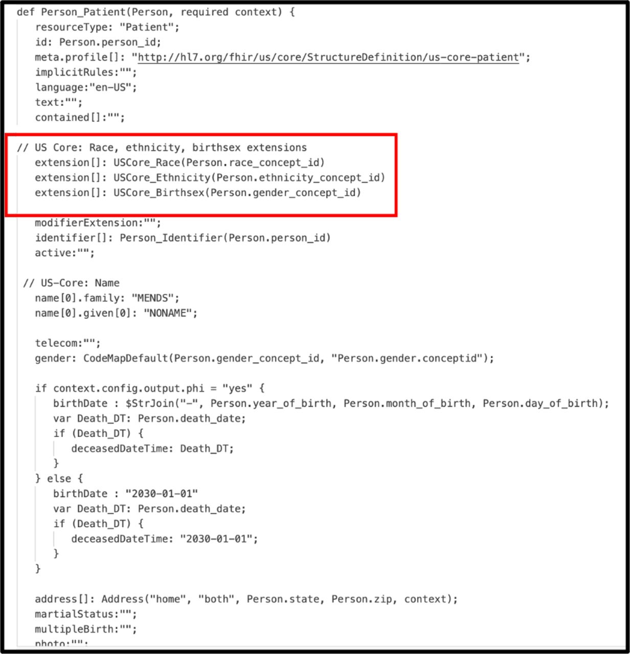Whistle transformation specification for creating FHIR R4 Person resource from OMOP CDM V5.3 Patient record. Functions such as USCore_Birthsex() use a unique feature of the Whistle transformation language that calls FHIR concept maps to convert OMOP-specific concept_ids into US Core IG-compliant CodeableConcepts. [Figure3_Whistle_Transformation.png]