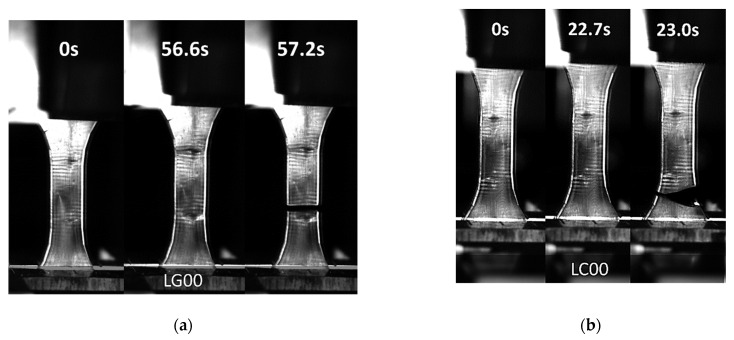 Deformation sequence of studied composites captured at different times: (a) LG00 (b) LC00, (c) LSC0, (d) LSFC.