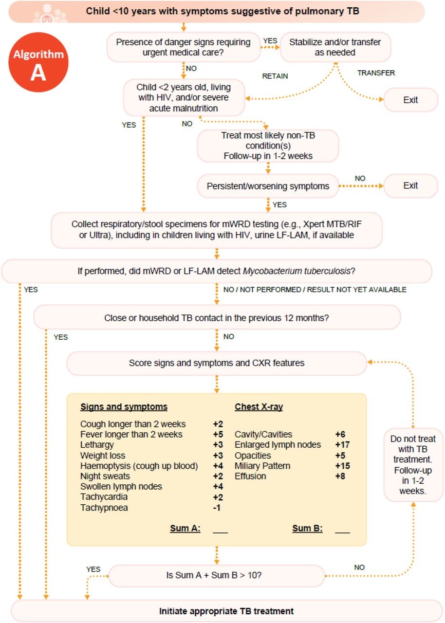 Treatment-decision algorithm including chest x-ray features derived from the prediction model.Tuberculosis treatment-decision algorithm for use among children <10 years with symptoms suggestive of pulmonary tuberculosis, reproduced from the operational handbook accompanying the WHO consolidated guidelines on the management of tuberculosis in children and adolescents.12,13 Selection steps prior to entering scoring system reflect recommendations from the WHO expert panel to enrich the probability of tuberculosis among the population of children proceeding through the algorithm to the model such that the probability would more closely reflect the preselected population producing the data from which the prediction model was built while balancing the consequences of untreated tuberculosis among high-risk children. Scores associated with features from clinical history and physical exam and chest X-ray translate to risk of tuberculosis and are scaled from the prediction model developed from the IPD. Guidance on the practical use of this algorithm is outlined in the WHO operational handbook. WHO – World Health Organization, TB – tuberculosis, IPD – individual participant data, HIV – human immunodeficiency virus, mWRD – molecular WHO-recommended rapid diagnostic test, CLHIV – children living with HIV, LF-LAM – lateral flow urine lipoarabinomannan assay, CXR – chest X-ray.