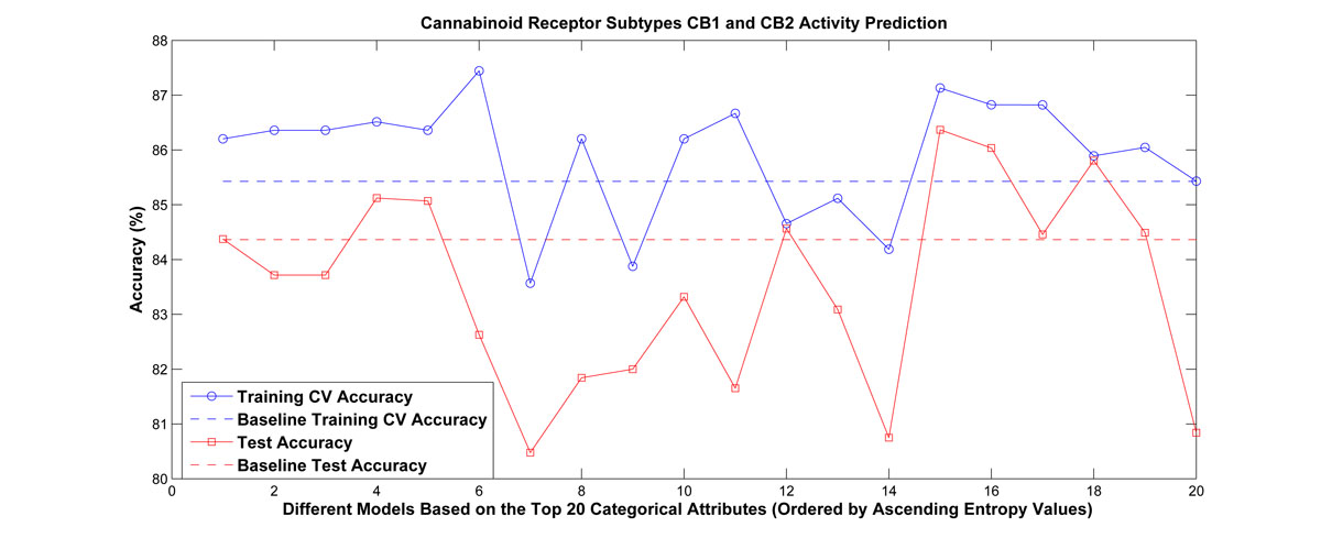 Experimental results for cannabinoid receptor subtypes CB1 and CB2 activity prediction. The categorical attributes were ranked based on their estimated conditional entropies, and the top 20 attributes were chosen to partition the problem separately. Linear models were built for each partition. Among the 20 attributes, there are 8 having better performance than the baseline approach in terms of both cross-validation accuracy and test accuracy.