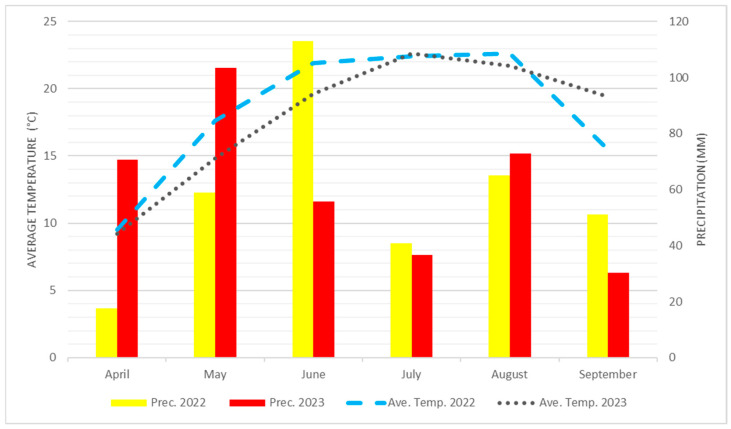 The precipitation and average temperature of 2022 and 2023.