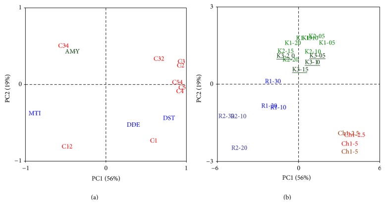 Comparison of rheological behaviour of wheat-hemp (K1, K2, K3), wheat-teff (R1, R2), and wheat-chia (Ch1, Ch2) composite flour by PCA. (a) variables loading plot—farinograph data: DDT: dough development time, DST: dough stability, MTI: mixing tolerance index; amylograph data: AMY: viscosity maximum; Mixolab torque data: C1–C5, and their pair differences C12, C32, C34, and C54. (b) Samples score plot.