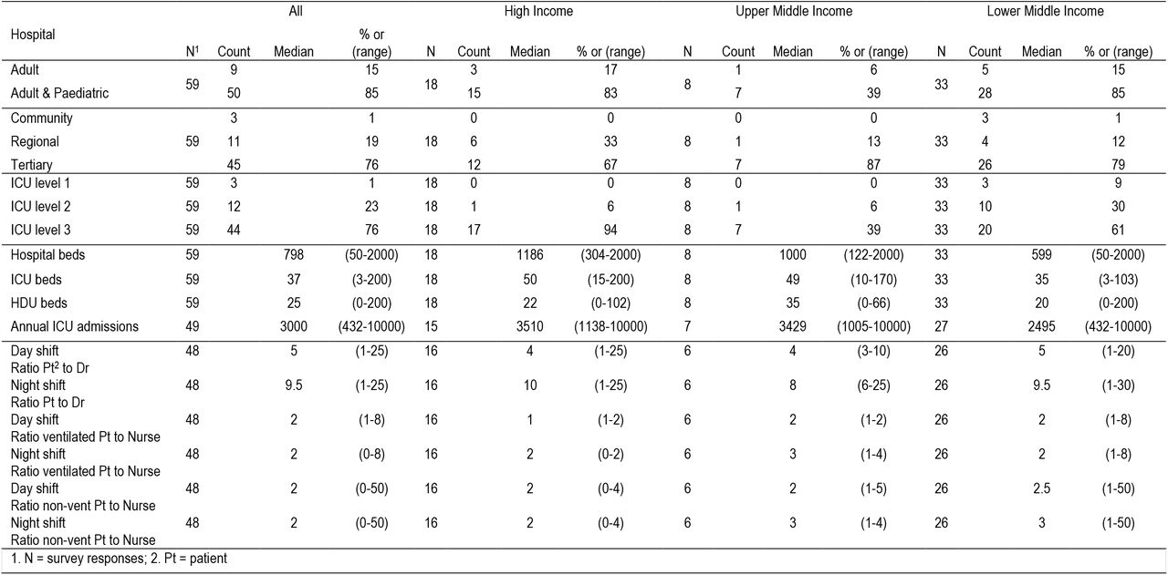 Hospital and ICU characteristics per income group