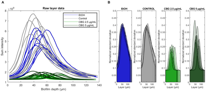 Original SYTO 9 values signal analysis. (A) Biofilms were analyzed depth-wise with the total SYTO 9 intensity shown for each biofilm layer. Central biofilm layer is defined as the layer at which the sum intensity was largest. (B) Depth-wise analysis of SYTO 9 signal normalized standard deviation across different biofilm layers.