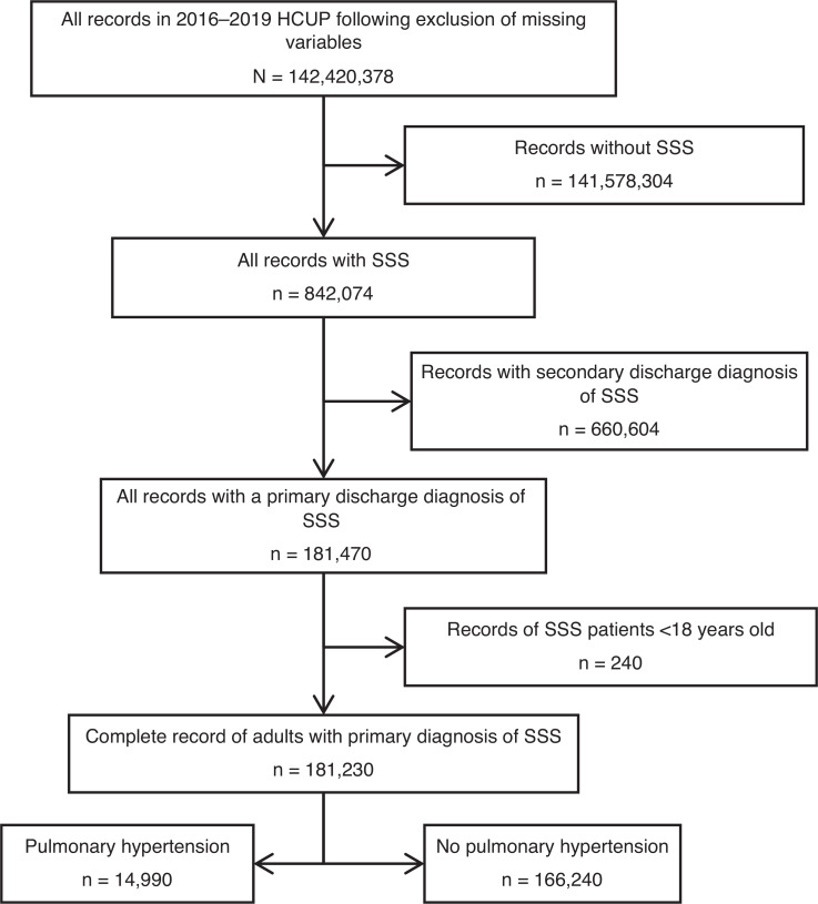 Selection flowchart of patients from the Healthcare Cost and Utilization Project database. Abbreviations: HCUP, Healthcare Cost and Utilization Project; n, number of patients; SSS, sick sinus syndrome.