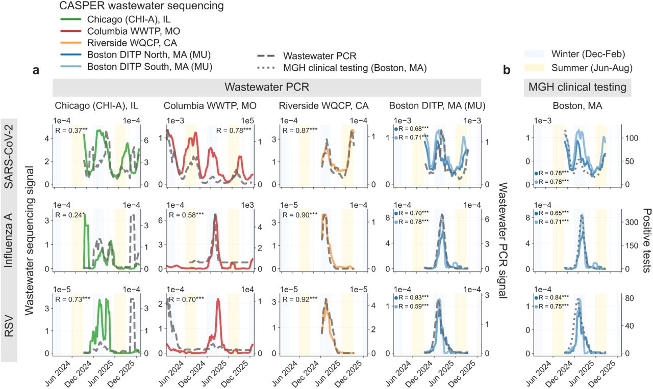 Agreement between wastewater metagenomic sequencing, wastewater PCR data, and clinical diagnostic testing.(a) Wastewater metagenomic sequencing (WW-MGS) abundance compared with PCR measurements from the National Wastewater Surveillance System (NWSS) data portal (generated by state and local health departments and WastewaterSCAN; Boehm et al. 2024, 2026). All sites except Columbia, MO show pepper mild mottle virus (PMMoV)-normalized sequencing and PCR abundance; Columbia, MO shows raw relative abundance and concentration because PMMoV-normalized PCR data were unavailable. PCR assay details and data sources are described in Supplementary Table S5. (b) WW-MGS abundance from Boston Deer Island Treatment Plant (DITP) compared with clinical testing data from Massachusetts General Hospital (MGH). Clinical data represent positive counts from multiplex nucleic acid amplification tests performed on symptomatic patients as part of routine clinical care. For both panels, Spearman correlation coefficients (R) were calculated using week-aggregated data with centered 5-week smoothing (Supplementary Tables S4 and S6). *p < 0.05, **p < 0.01, ***p < 0.001. MU: University of Missouri-sequenced.