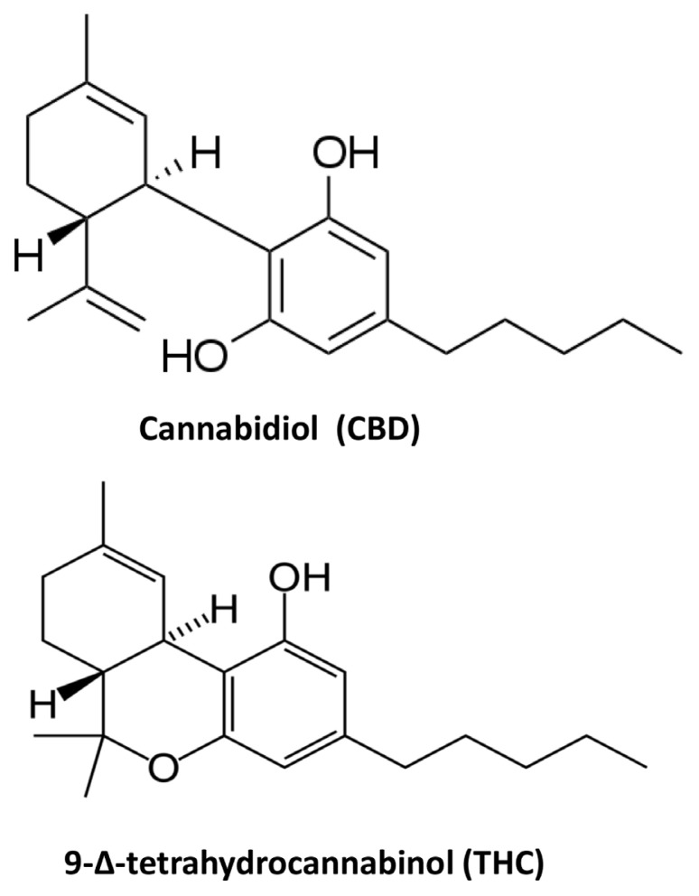 Chemical structure of cannabidiol and 9-Δ-tetrahydrocannabinol.