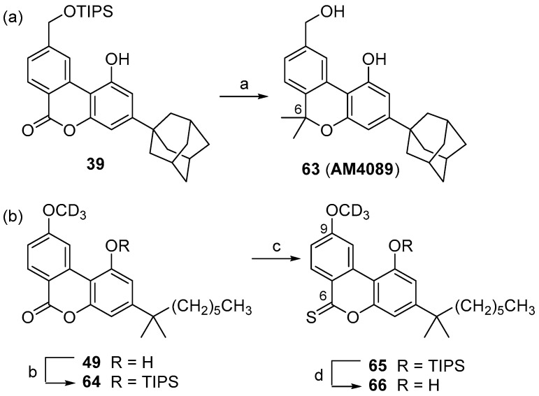 Synthesis of AM4089 and thiocannabilactone (a,b) a. a Reagents and conditions: (a) CH3MgBr, Et2O/THF, reflux, 2 h; p-TsOH·H2O, CHCl3, rt, 12 h, 65% from 39; (b) TIPSOTf, 2,6-lutidine, CH2Cl2, 0 °C to rt, 2 h, 89%; (c) Lawesson reagent, toluene, reflux, 24 h, 76%; (d) TBAF, THF, −40 °C, 30 min, 82%.