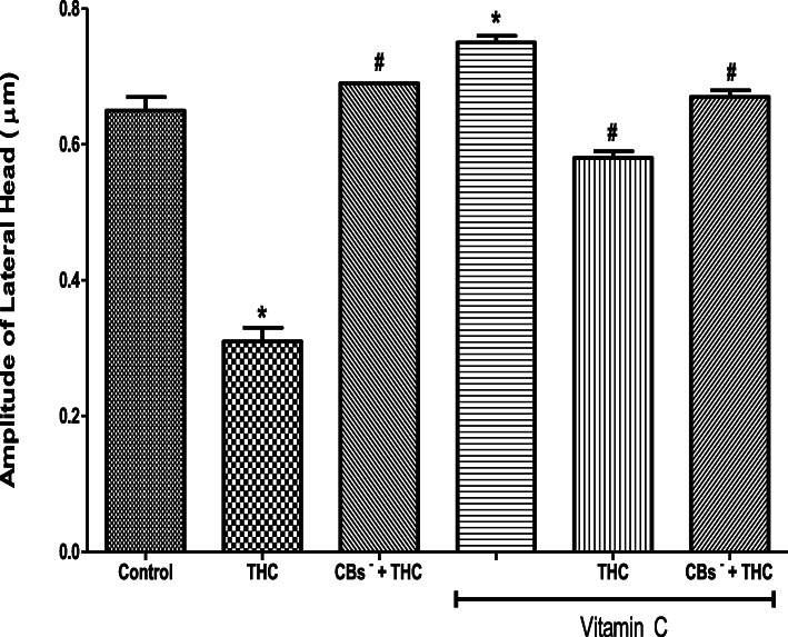 Vitamin C attenuated the tetrahydrocannabinol-induced reduction in the amplitude of lateral head of rat spermatozoa. THC, tetrahydrocannabinol; CBs−, cannabinoid receptors’ blockers; *p < 0.05 vs. Control; #p < 0.05 vs. THC