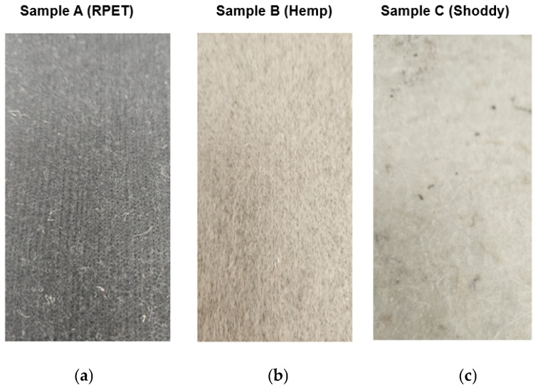 Footbed materials: (a) RPET; (b) hemp; and (c) shoddy.