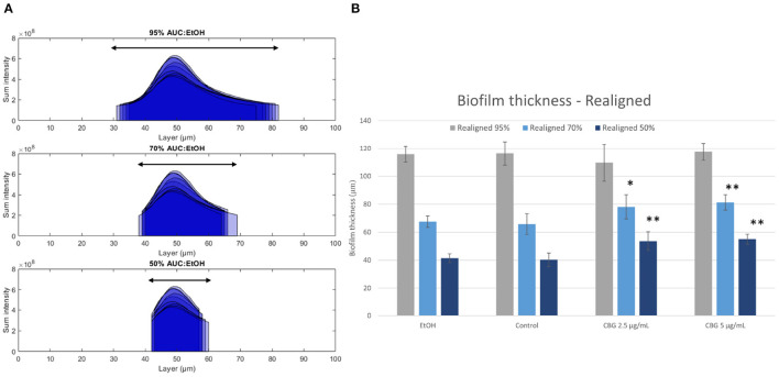 Realignment illustration. (A) Layer ranges that contain 95% (top row), 70% (middle row), and 50% (bottom row) of total AUC. (B) Thickness of minimal layer range that covers a fixed percentage of total AUC. Two-tailed t-test was performed. *p < 0.05, **p < 0.01.