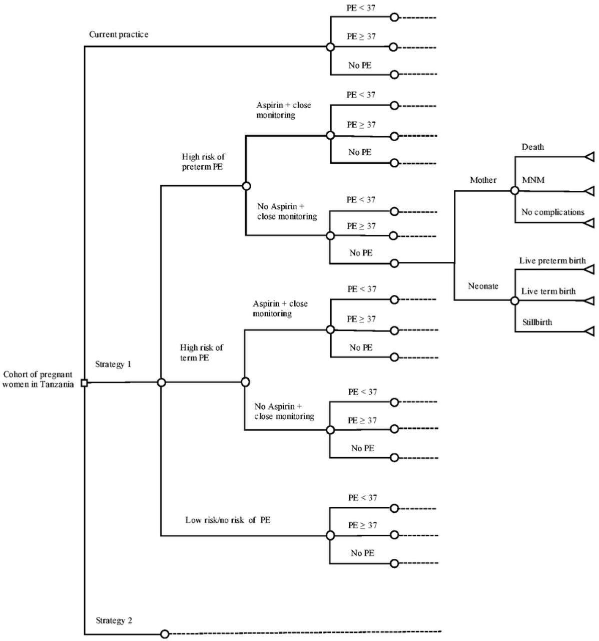 Decision tree model comparing current practice with two biomarker-based PE screening strategies.Current practice consists in the identification of maternal risk factors. No risk stratification nor preventive measures for high-risk women follow. Strategy 1 adds measurements of mean arterial pressure (MAP) and Placental growth factor (PlGF) levels to current practice, as well as risk stratification, aspirin and close monitoring for high-risk women. No aspirin + close monitoring refers to non-adherence to preventive recommendations. Each PE diagnosis decision node is followed by related maternal and neonatal outcomes. Strategy 2, adding MAP and soluble fms-like tyrosine kinase-1 (sFlt-1)/PlGF ratio measurements, unfolds in the same way as Strategy 1, except for managing high-risk women through close monitoring only, no aspirin. MNM = Maternal near miss. PE = Pre-eclampsia. PE<37 = Preterm PE. PE≥37 = Term PE.
