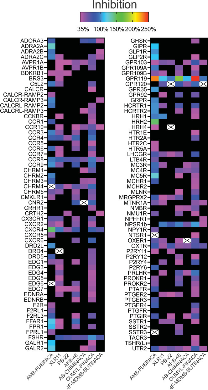 Inhibitory activity of the SCRAs AMB-FUBINACA, XLR11, PB-22, AKB-48, AB-CHMINICA, CUMYL-PINACA, and 4F-MDMB-BUTINACA at 30 μM in a β-arrestin recruitment screen. Heatmap depicting targets where above-threshold inhibition (>35%) was reached with at least one SCRA. Crosses indicate where antagonism was >35% but had S/N<1 or CoV>1. The full list of targets screened is included as Supplementary Table 1.