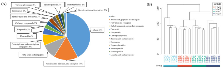 (A) Classification of 247 identified differential metabolites. (B) Hierarchical cluster of differential metabolites for HMD, HMP, HMR, and HMC.