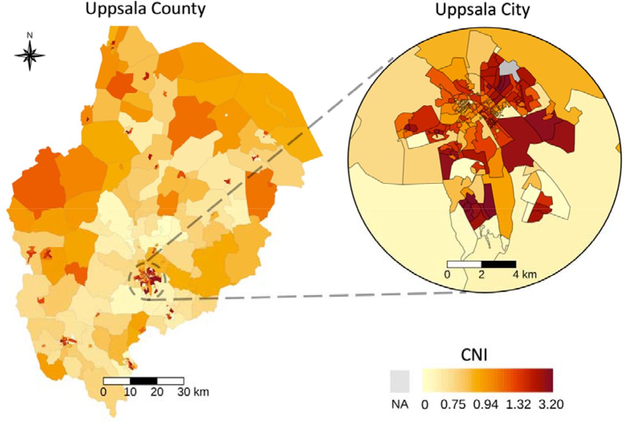 Geographical distribution of Care Need Index (CNI) across postal code areas in Uppsala County and Uppsala City. Higher CNI indicates higher primary health care burden. The colour legend changes non-linearly to facilitate visualisation of the skewed distribution.