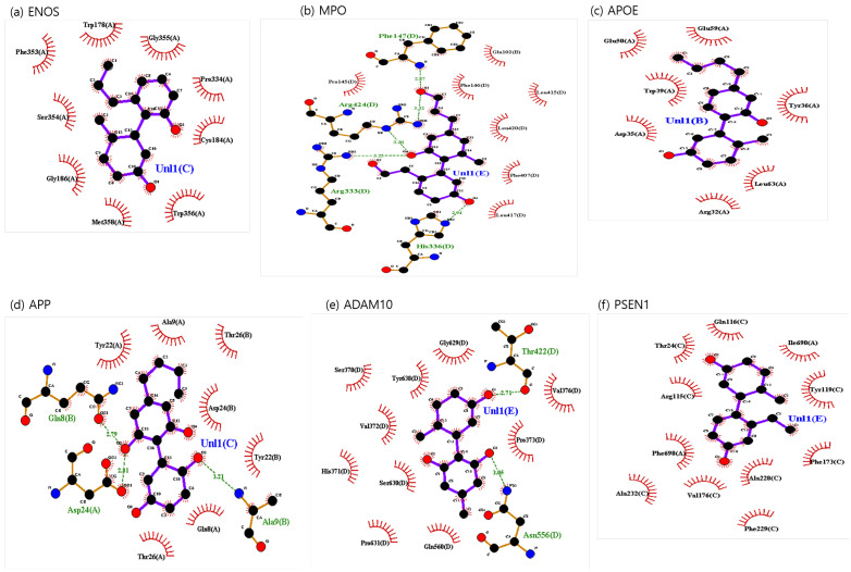 CBD analog-identified potential targets’ interaction plots: (a) ENOS, (b) MPO, (c) APOE, (d) APP, (e) ADAM10, and (f) PSEN1.
