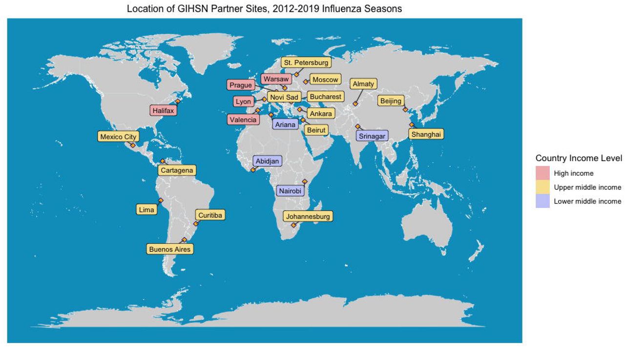Geographic distribution of sites collaborating in the Global Influenza Hospital Surveillance Network (GIHSN), from 2012 through 2019 seasons