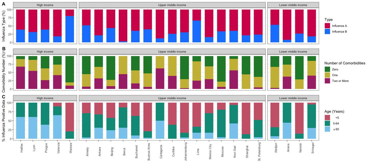 A) Distribution of influenza-positive hospitalizations by influenza type, site, and country income level; B) Distribution of influenza-positive hospitalizations by number of patient comorbidities, site, and country income level; C) Distribution of influenza-positive hospitalizations by age group, site, and country income level, GIHSN 2012-2019