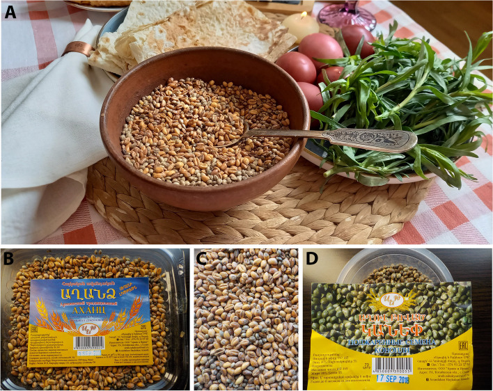 Pictures representing the typical dish aghandz on the Easter table (A), the aghandz (B, C), and roasted and salted Cannabis seeds (D)