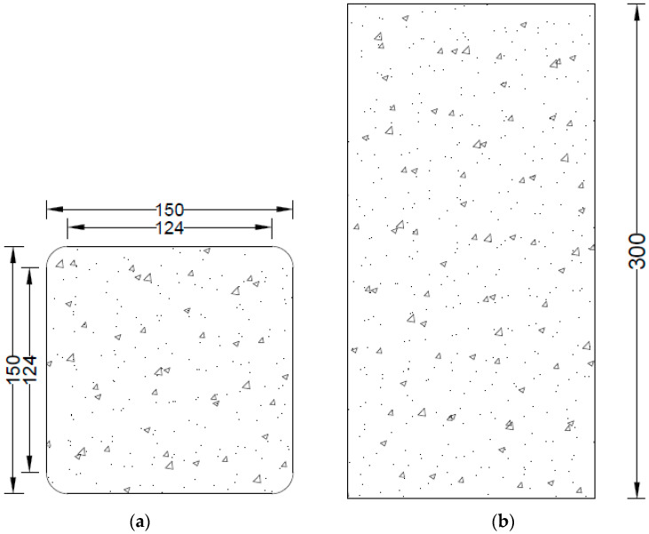 Detail of square specimen having 13 mm radius: (a) top view showing the width and corner radius; (b) longitudinal view representing the height of the square specimen.